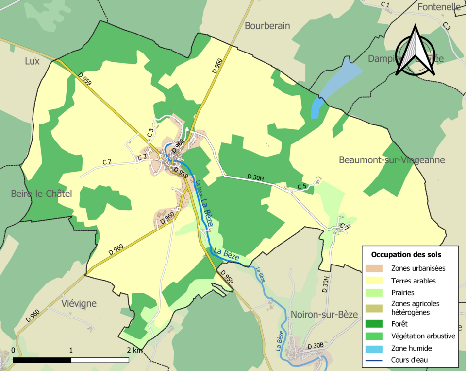 Carte des infrastructures et de l'occupation des sols de la commune en 2018 (CLC).